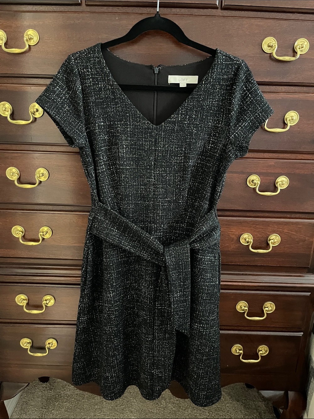LOFT Black & Silver Tweed Tie-Waist Dress